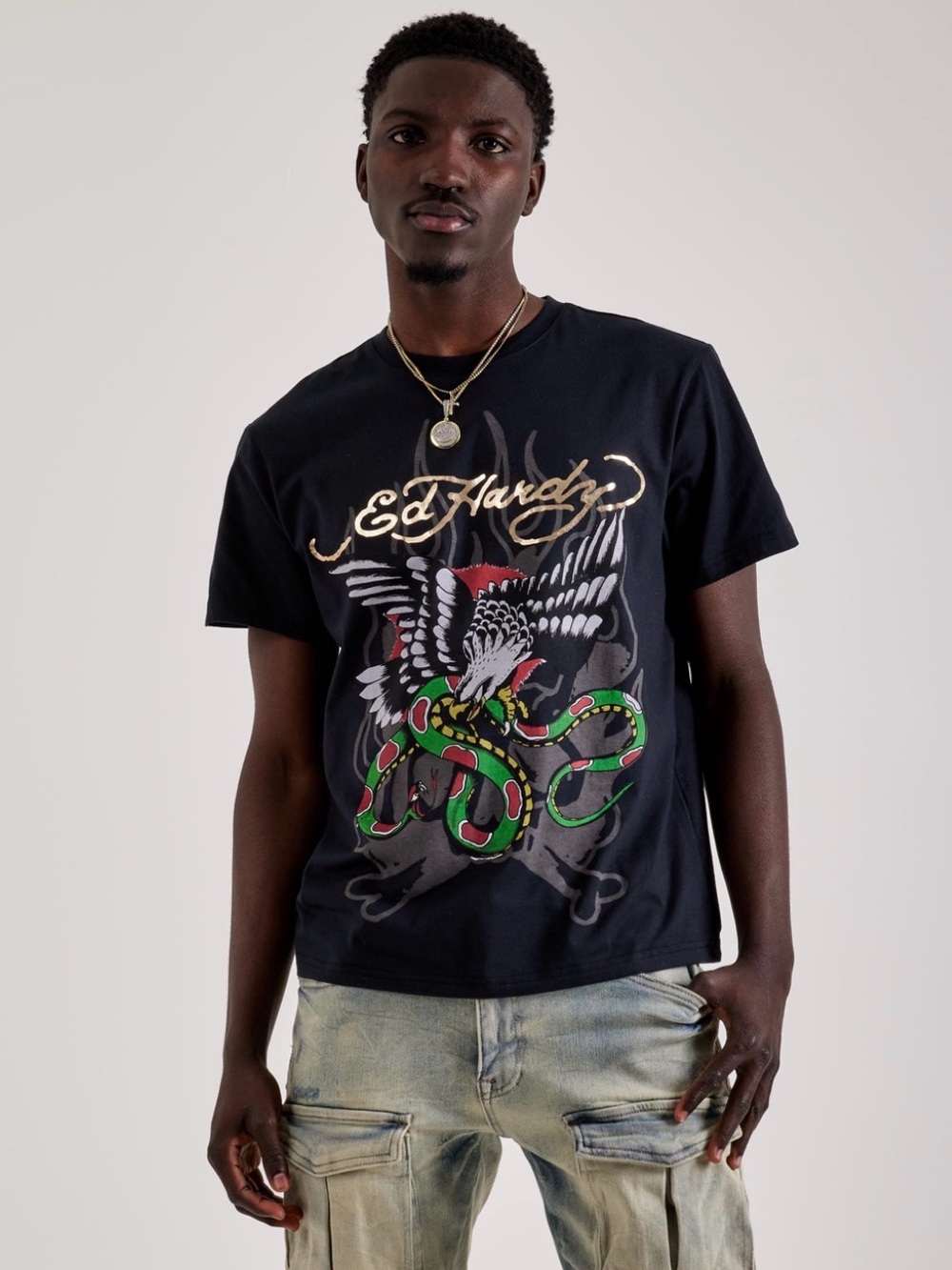Ed Hardy Eagle Snake Graphic T-Shirt L Y2K Black Biker Americana